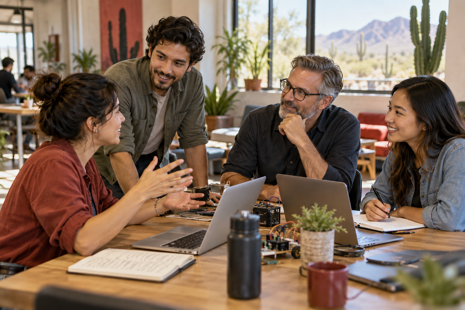Illustration of founders and a mentor collaborating around an electronics prototype